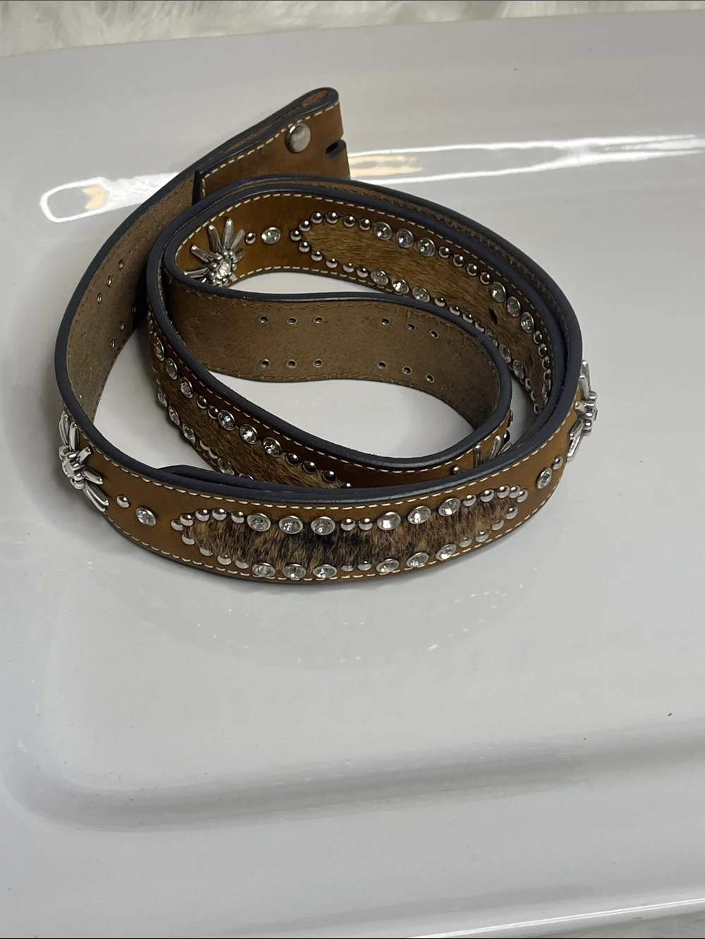 Nocona Tan Leather Belt with Crystal Starburst Accents